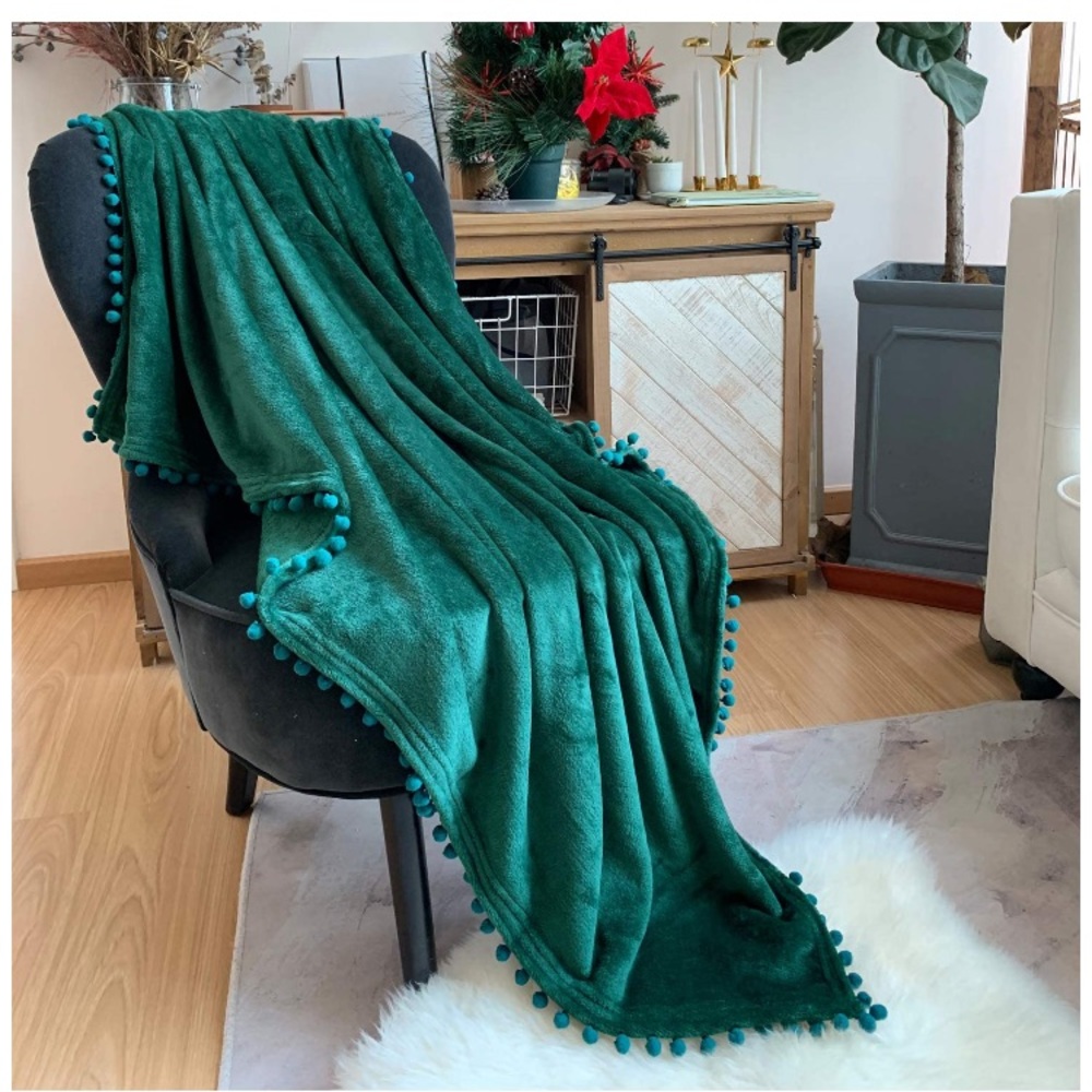 Navy Blue Pompom Fringe Chic Cozy Soft Throw Blanket/Cover - Picture 10 of 16